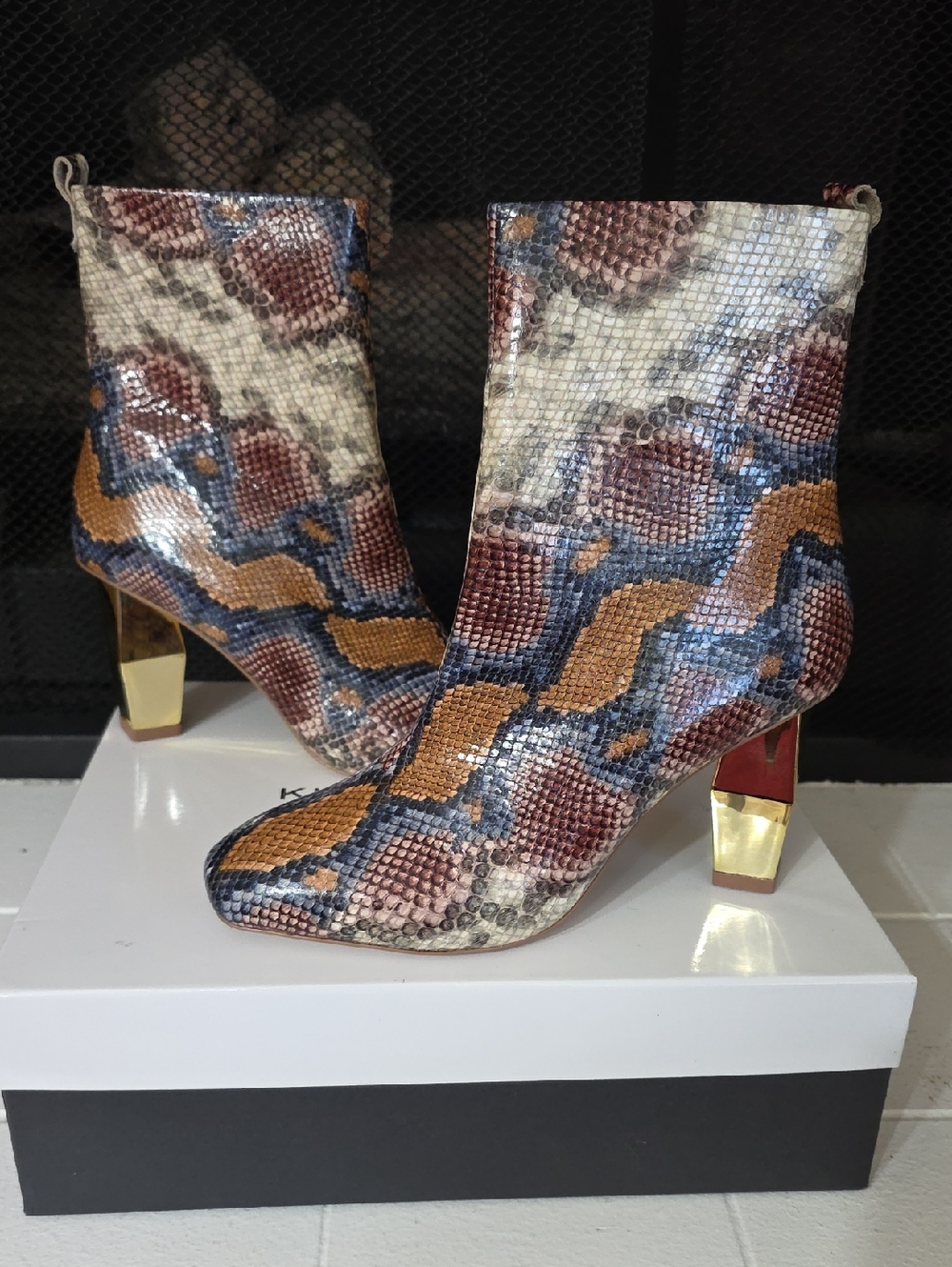 Kurt Geiger Snake-Print Ankle Boots in Brown, Blue & Cream
